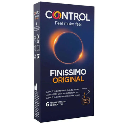 Finissimo Original 6 uds ultra-thin condoms pack with anatomical shape for increased sensitivity, crafted from natural latex.