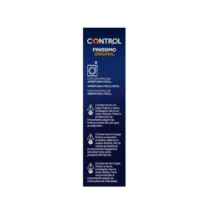 Side view of Finissimo Original 6 uds. condom packaging showing product information and easy opening icon.