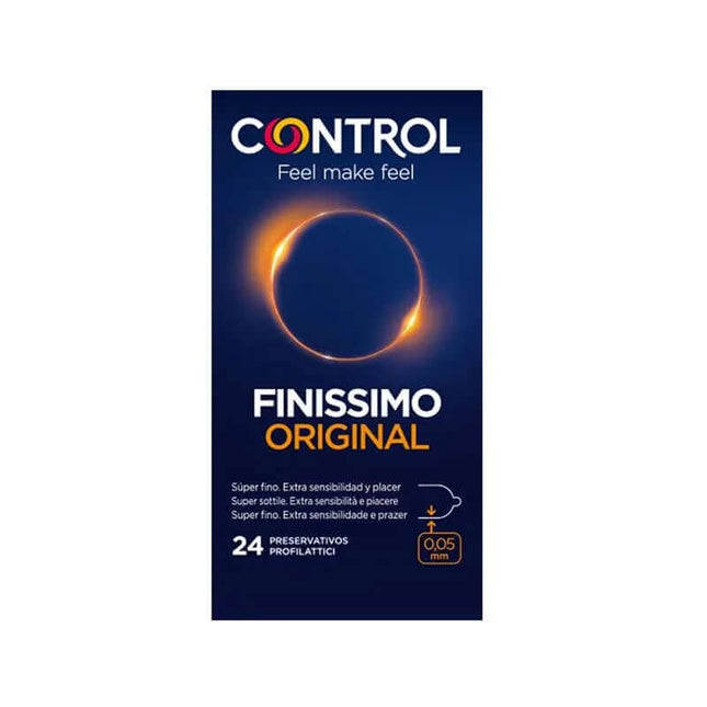 Finissimo Original Original 24 uds super-thin condoms pack, offering increased sensitivity and perfect adaptability, transparent natural latex.