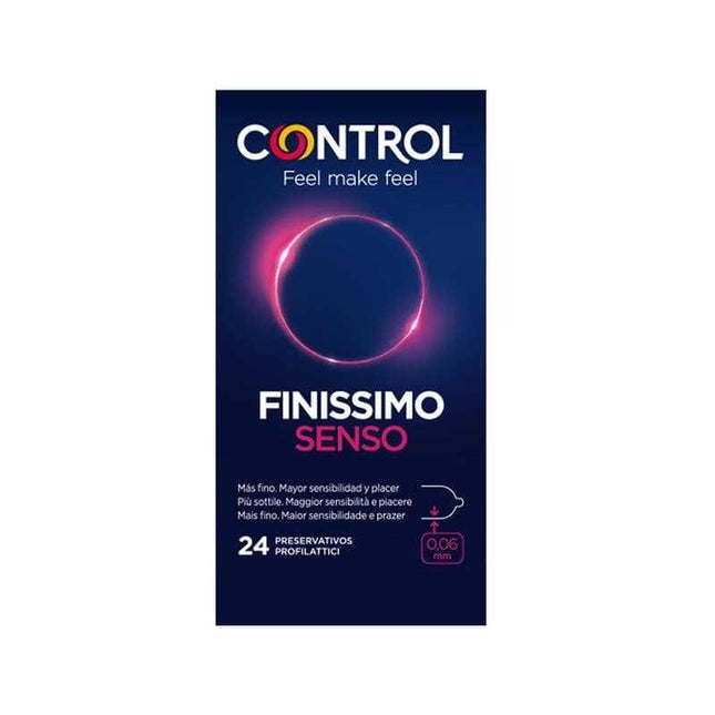 Finissimo Senso Condoms - Max Sensitivity 24 Pack packaging showcasing ultra-thin design for heightened pleasure