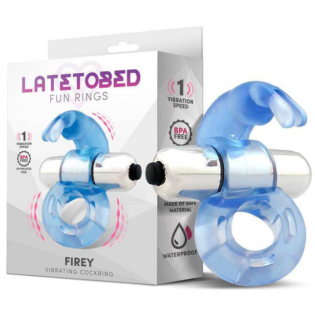Firey Vibrating Penis Ring with Rabbit Blue featuring powerful vibration and bunny clitoral stimulator for enhanced pleasure.