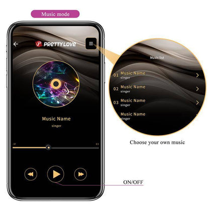 Fisherman Vibrating Egg with App showing Bluetooth music control on smartphone screen for personalized vibration patterns.