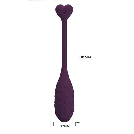 Fisherman Vibrating Egg with App, purple silicone design with measurements, app-controlled discreet pleasure device for intimate moments.
