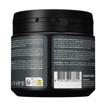 Back label of Fist Assist Fisting White Lube 500 ml jar, ingredients and directions for white fisting lube visible on black container