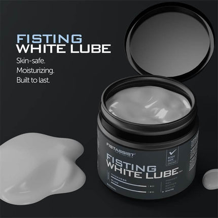 Fist Assist 500ml white fisting lube jar open with thick creamy water-based gel for intense visual play and long-lasting glide