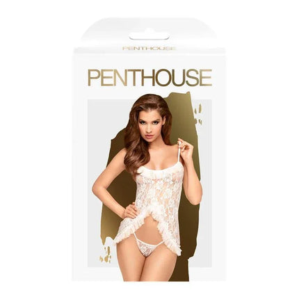 Flawless Love Chemise White by Penthouse featuring a semi-transparent floral pattern with frills, displayed on packaging.