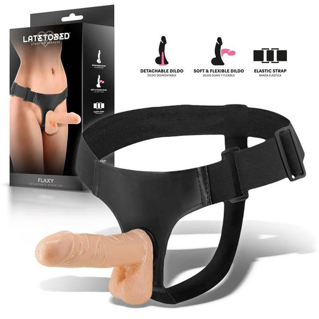 Flaxy Strap-On Harness with Detachable and Flexible Dildo by Latetobed, featuring adjustable straps and realistic design.