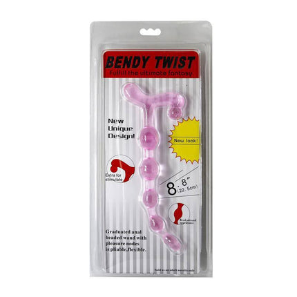 Packaging of Flexible Anal Beads for Versatile Pleasure with flared handle and TPR material.
