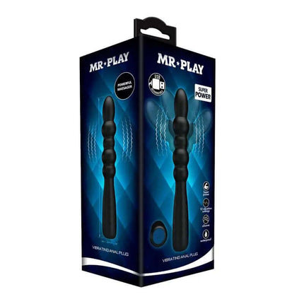 Packaging of the Mr. Play vibrating anal plug with flexible silhouette and 12 modes