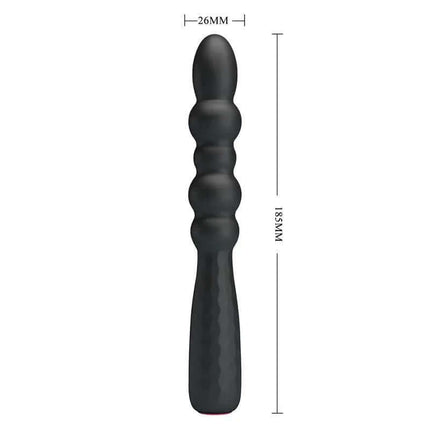 Flexible Anal Vibrator with 12 modes and flexible design for enhanced pleasure, shown with dimensions 26mm by 185mm.