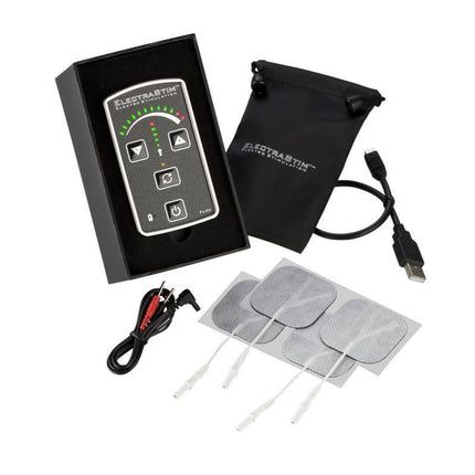Flick Electro Stimulation Pack with accessories, including stimulation pads and USB cable, for personalized electro therapy experience.