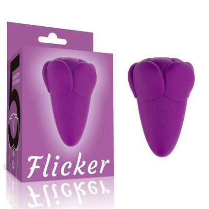 Flicker Stimulator flower-inspired vibrator in purple, featuring 5 vibration patterns and speeds, USB rechargeable, silicone and ABS design.