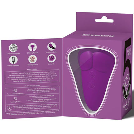 Flicker Stimulator flower-inspired vibrator in box, showcasing features such as 5 vibration patterns and USB rechargeable design.