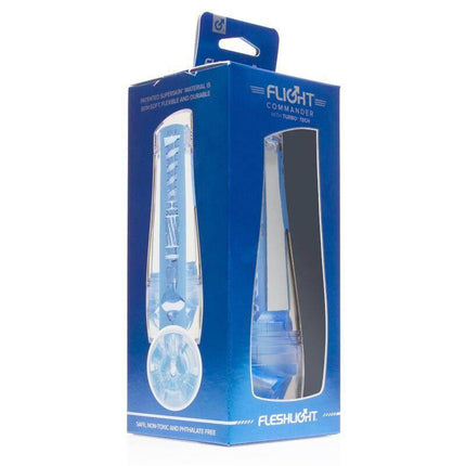 Packaging of Flight Commander with Turbo Tech, ice blue, body-safe silicone pleasure device for discreet, lifelike experiences.