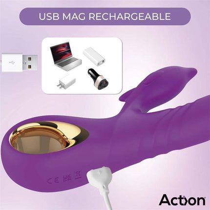 USB rechargeable Fliper Vibe with Thrusting and Doble Pulsation 3 Motors by Action in purple design, showing charging options.