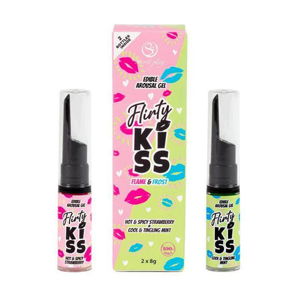 Flirty Kiss Strawberry and Mint Oral Sex Gels 2x8g packaging and bottles, featuring strawberry and mint flavors for intimate play.