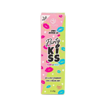 Flirty Kiss Strawberry and Mint Oral Sex Gels 2x8g packaging with strawberry and mint flavor options for enhanced foreplay.