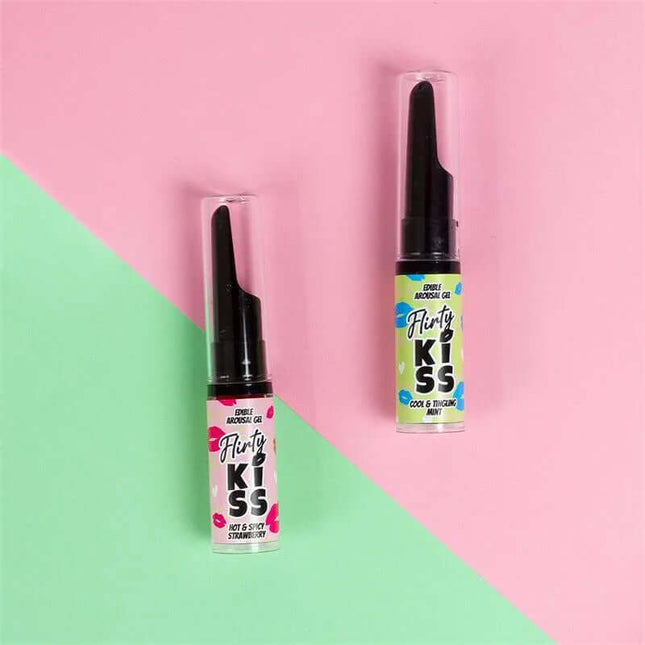 Flirty Kiss Strawberry and Mint Oral Sex Gels 2x8g displayed on colorful background