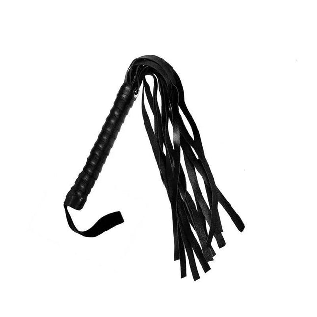 Flogger 44 cm Black, synthetic leather BDSM flogger with soft fringes for sensation play, perfect for beginners and experimenters.