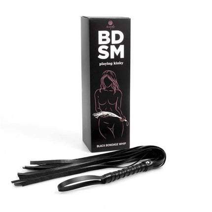 Flogger 44 cm Black BDSM whip with packaging box, featuring soft synthetic leather fringe