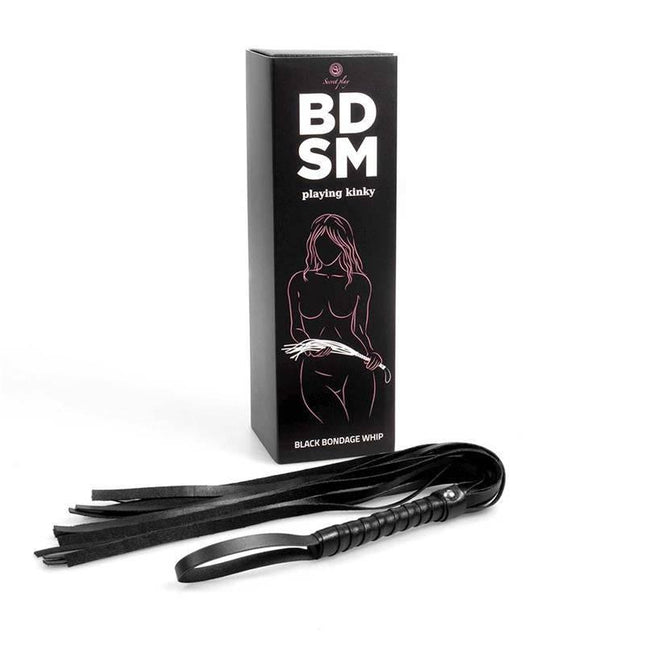 Flogger 44 cm Black BDSM whip with packaging box, featuring soft synthetic leather fringe