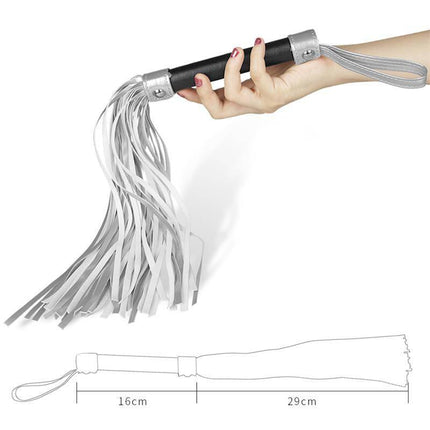 Flogger Faux Leather Silver and Black with 44cm length, durable faux leather design, perfect for precise stimulation in sensory play.