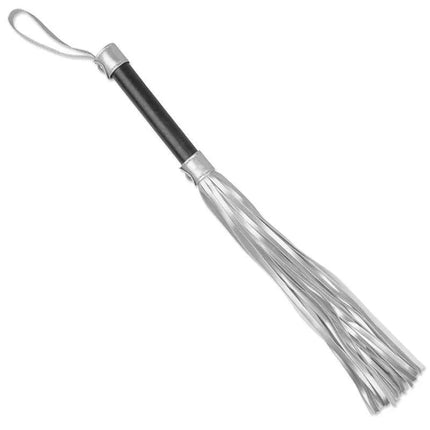 Flogger Faux Leather Silver and Black, medium-sized faux leather flogger with silver tassels and black handle for sensory play.