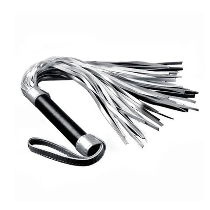 Flogger Faux Leather Silver and Black with durable design, perfect for sensual play, featuring a medium size and intricate craftsmanship.