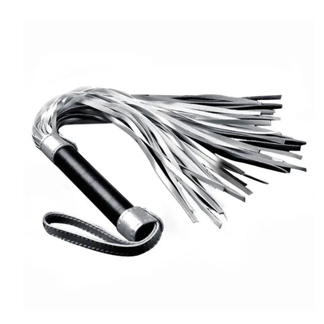 Flogger Faux Leather Silver and Black with durable design, perfect for sensual play, featuring a medium size and intricate craftsmanship.