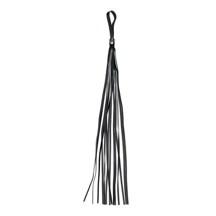 Black Flogger Leather 60 cm for BDSM play with 14 leather strings ideal for controlled impact and exploration of fantasies.