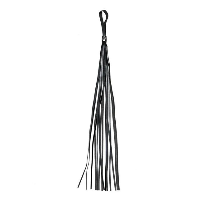 Black Flogger Leather 60 cm for BDSM play with 14 leather strings ideal for controlled impact and exploration of fantasies.