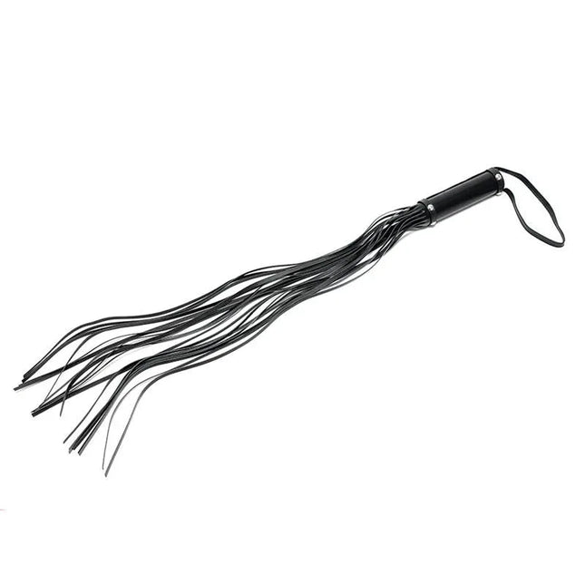 Black Flogger Leather 80 cm with durable classic design and 19 leather tails for BDSM play.