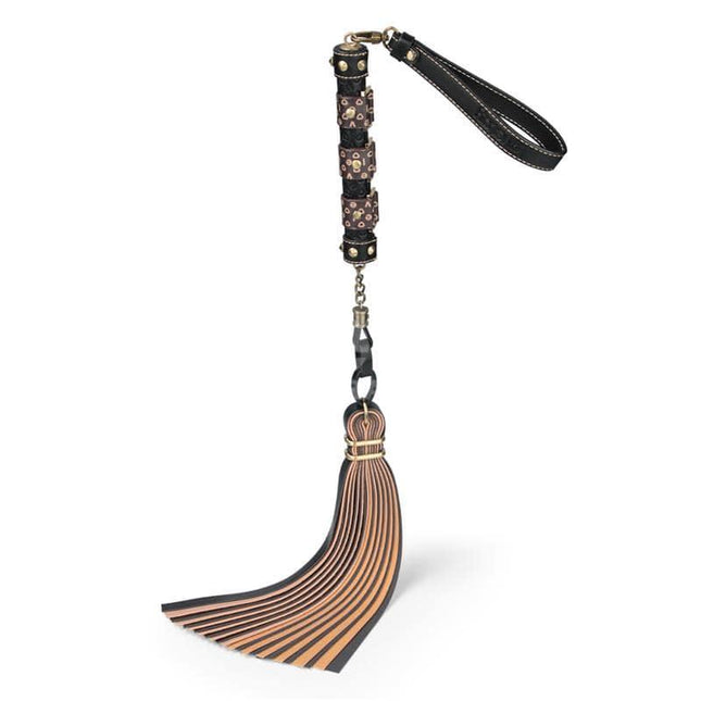 Flogger Rebellion Reign 23.5 with black and brown PU leather handle and soft synthetic leather tails, luxury intimate accessory.