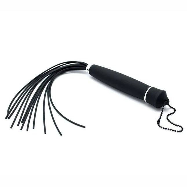 Flogger Silicone 30 cm, black silicone BDSM flogger with versatile tails for controlled sensations, 30 cm length.