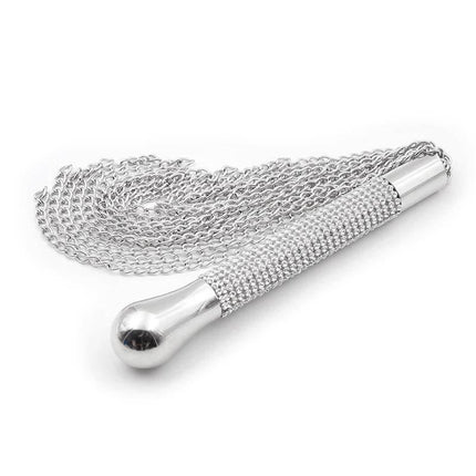 Flogger with Chain Tassel with Rhinestone Handle featuring a silver chain tassel and elegant rhinestone-studded handle for intimate moments.
