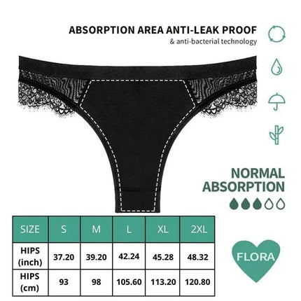 Flora Menstrual Panty Normal with anti-leak protection, antibacterial technology, and size chart for comfortable sustainable wear.