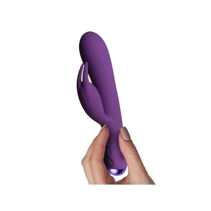 Flutter Rabbit Vibe with Rabbit 2 Motors Purple, dual motor bunny vibrator for internal and external pleasure, held in hand.