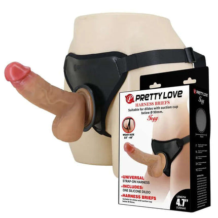 Fogg Universal Strap On Harness with Dildo featuring realistic, vibrating design for enhanced pleasure, shown in packaging.