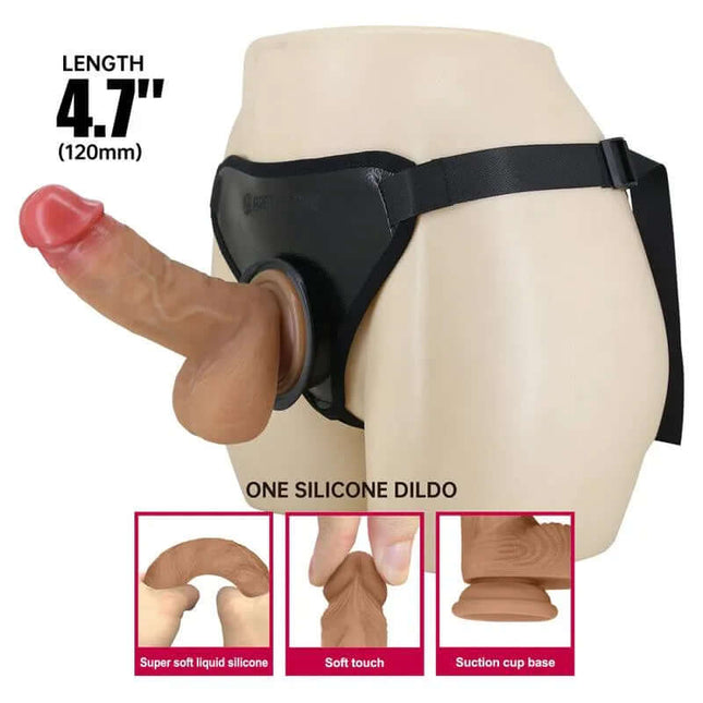 Fogg Universal Strap On Harness with Dildo showcasing realistic vibrating model with silicone construction and suction cup base.