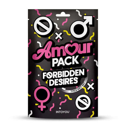 Forbidden Desires 7 Pcs Gift Set from Amour Pack with colorful symbols on packaging.