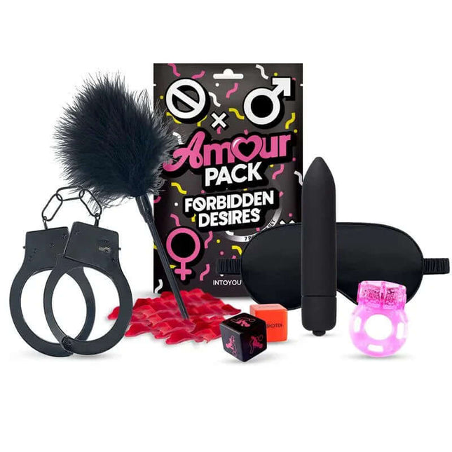 Forbidden Desires 7 Pcs Gift Set includes cuffs, feathers, and blindfold for intimate adventures.