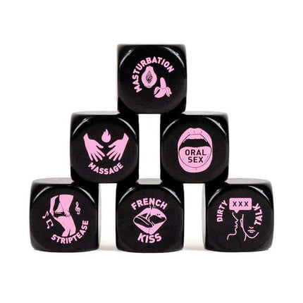 Stack of sexual foreplay dice with icons, including massage, oral sex, and French kiss. Foreplay Die 20 mm enhances intimate moments.