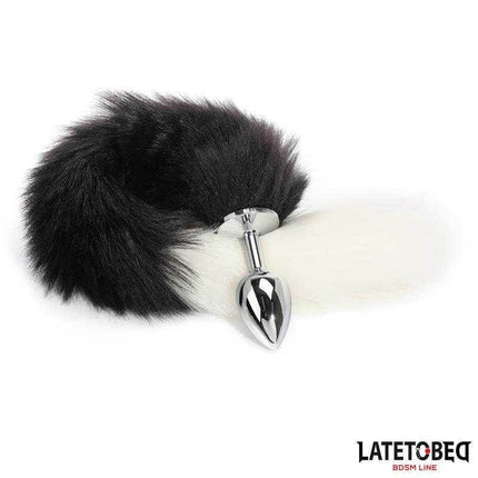 Fox Tail Anal Plug with 40 cm Black and White Tail - metal plug with silk-touch tail