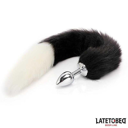 Fox Tail Anal Plug with 40 cm Black and White Tail featuring a metal plug and silk-touch tail from Latetobed BDSM line