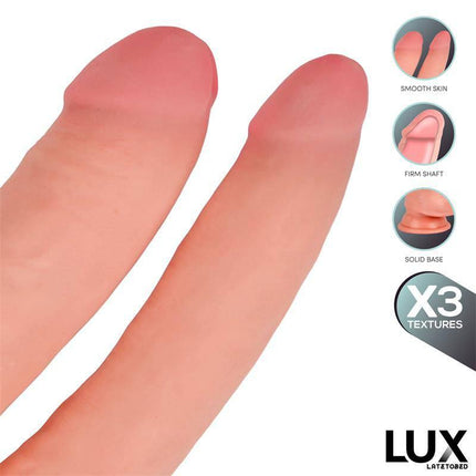 Franz Triple Density Double Dildo 8.2 - 9 with smooth skin, firm shaft, and solid base showcasing triple texture design.