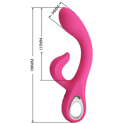 Fritz Rabbit Vibrator G-Spot in pink, displaying measurements of 198mm total length, 115mm insertable length, and 34mm diameter.