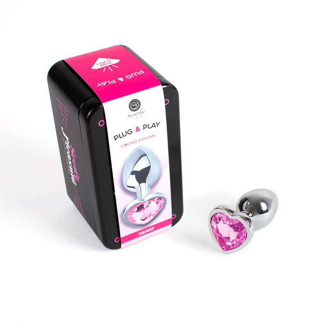 Fuchsia Heart Metal Butt Plug Size S with packaging, featuring a conical design and pink heart jewel accent.