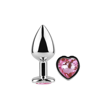 Fuchsia Heart Metal Butt Plug Size S featuring conical tip and pink heart gem, crafted from smooth nickel-free aluminum for anal exploration.