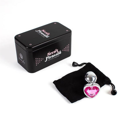 Fuchsia Heart Metal Butt Plug Size S with black storage pouch and box