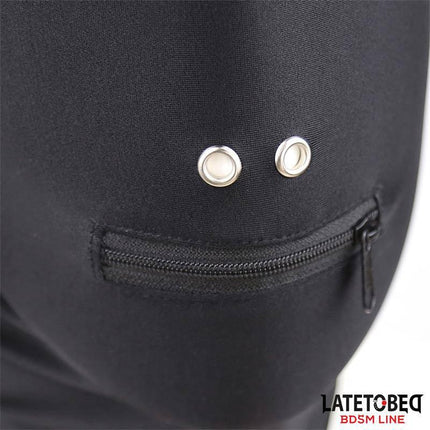 Close-up of Latetobed BDSM Line Full Cover Hood with Zipper in the Mouth highlighting zipper detail for sensory play.